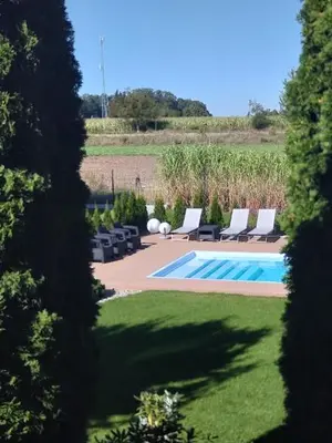 a yard with a pool and lounge chairs at Green Garden Zielonki 14d in Bibice