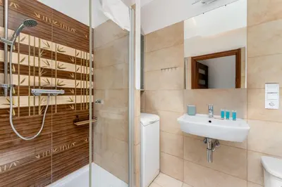 a bathroom with a shower and a sink at Tauron Arena Homely Apartment by BookingHost in Kraków