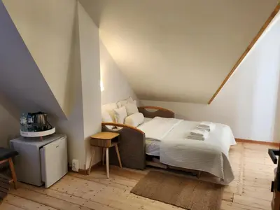 a bedroom with a large bed in a attic at Uroczysko pod Babią Górą in Zawoja