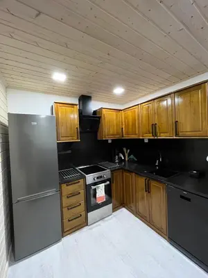 a kitchen with wooden cabinets and stainless steel appliances at Apartament Pod Dębiną
