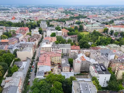 an aerial view of a city with buildings at Sunny 2B apartment in City Centre in Kraków