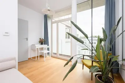 a living room with a couch and a plant at Sunny 2B apartment in City Centre in Kraków