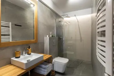 a bathroom with a sink and a shower and a toilet at Olesiówka in Nowy Targ