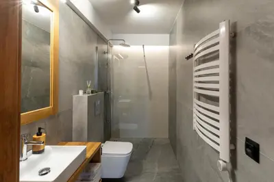 a bathroom with a toilet and a sink and a shower at Olesiówka in Nowy Targ
