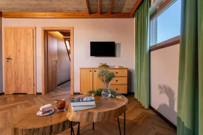 a living room with a table and a tv at Olesiówka in Nowy Targ