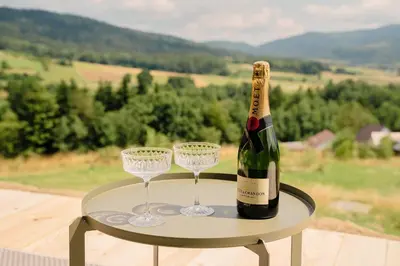 a bottle of champagne and two glasses on a table at Vidok House