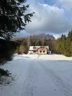 a house in the snow with footprints in the driveway at Leśna Przystań in Sidzina