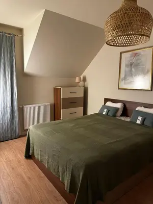 a bedroom with a green bed and a dresser at Rainbow Hill in Giebułtów