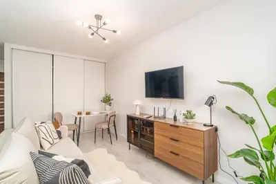 a living room with a couch and a flat screen tv at Tauron Arena - Parking, Balcony, AirCon - by Rentujemy in Kraków