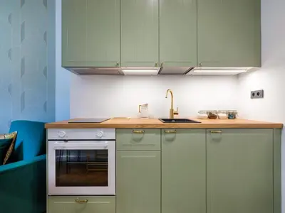 a kitchen with green cabinets and a sink at Quiet Courtyard Studio by Tyzenhauz in Kraków