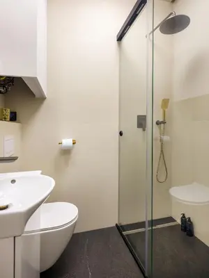 a bathroom with a shower and a toilet and a sink at Quiet Courtyard Studio by Tyzenhauz in Kraków