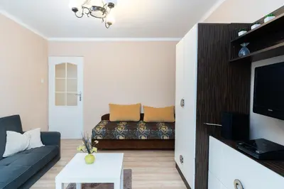 a living room with a couch and a tv at Jaremy Standard Apartment by BookingHost in Kraków