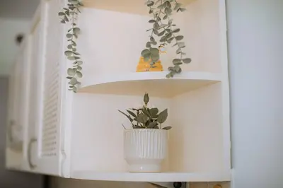 a white cabinet with a potted plant in it at Kraków Modern Apartment | 6 Guests, Parking/Tram in Kraków