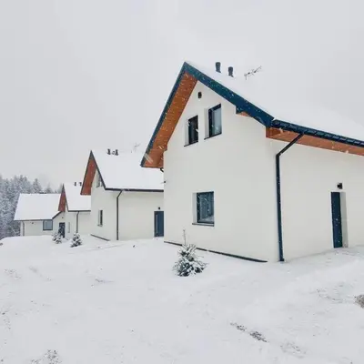 a group of white buildings in the snow at Domki Leśne Zacisze in Baczyn