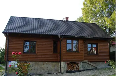 a log cabin with a fireplace in front of it at Agroturystyka Śliwkowy Sad in Biesiadki