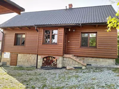 a log cabin with a fireplace in front of it at Agroturystyka Śliwkowy Sad in Biesiadki