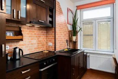 a kitchen with a sink and a brick wall at Bonarka Homely Studio by BookingHost in Kraków