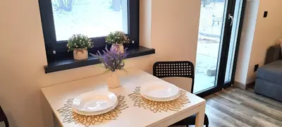 a small living room with a laptop on a table at Quiet Apartment in Oświęcim