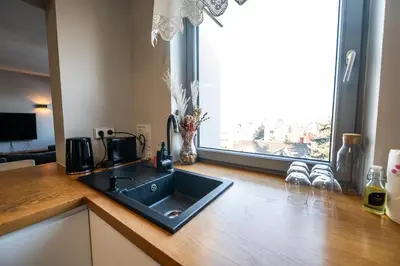 a kitchen counter with a sink and a window at Meadows9 Apartment by Cracovia Prime in Kraków