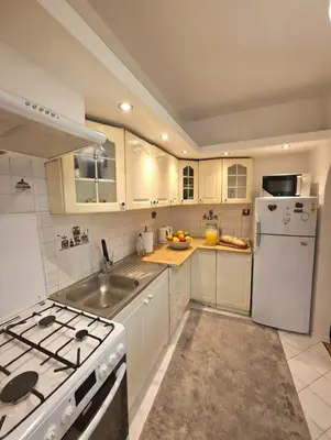 a kitchen with a white refrigerator and a sink at Chill Apartment with Jacuzzi in Kraków