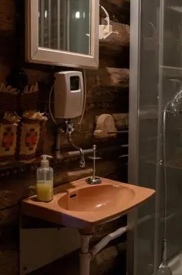 a bathroom sink with a bottle of soap on it at Holiday Home mit Wasserblick by Interhome in Kraków