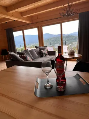 a bottle of wine and a glass on a table at Babiogórski Azyl & SPA in Zawoja