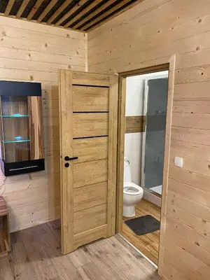 a wooden bathroom with a toilet and a door at Zacisze z Balia in Łostówka