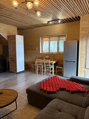 a living room with a couch and a table and a tv at Zacisze z Balia in Łostówka