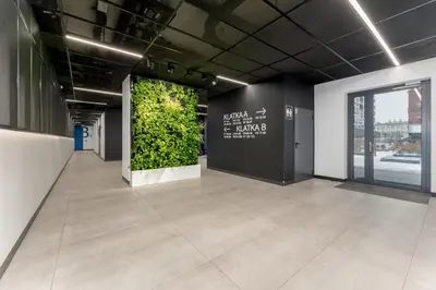 a hallway with a green wall in a building at Zabłocie Harmony Apartment by BookingHost in Kraków