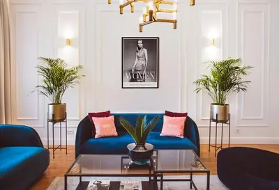 a living room with a blue couch and two plants at QUEEN #2 APARTMENT, WAWEL VIEW, OLD TOWN, Kraków in Kraków