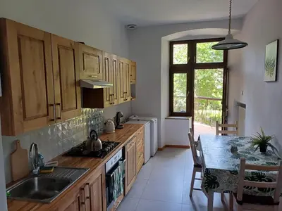 a kitchen with wooden cabinets and a table with a sink at city center 2 rooms 1 kitchen in Kraków
