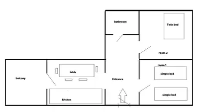 a black and white diagram of a room at city center 2 rooms 1 kitchen in Kraków