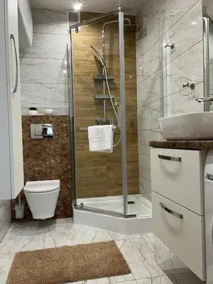 a bathroom with a shower and a toilet and a sink at Saint Cross Apartment in Kraków