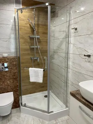 a bathroom with a shower with a toilet and a sink at Saint Cross Apartment in Kraków