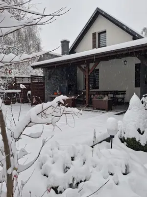 a yard covered in snow with a house at Domek u Gosi