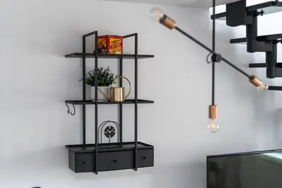a black shelf on a wall with a plant at Parkside Design Loft in Kraków