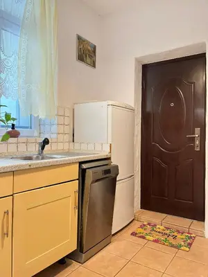a kitchen with a refrigerator and a sink and a door at Apartment for 4 guests in historic Cracow Podgórze in Kraków
