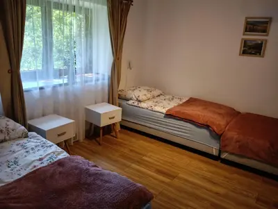 a bedroom with two beds and a window at Apartament in Rabka