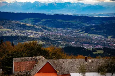 a roof of a house with mountains in the background at Apartament in Rabka