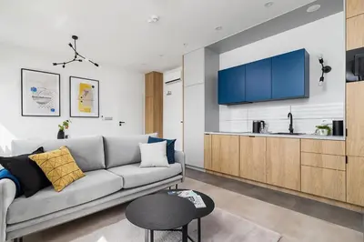 a living room with a couch and a kitchen at Apartamenty EN Zator in Podolsze