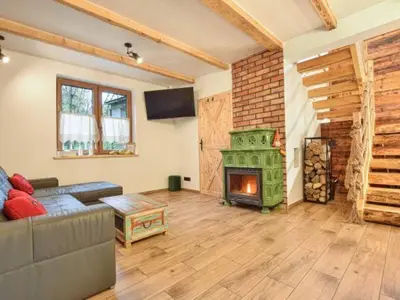 a living room with a couch and a green stove at Zawoja domek do wynajęcia in Zawoja