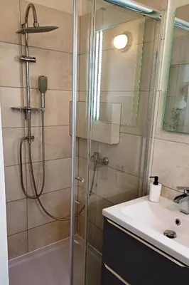 a bathroom with a shower and a sink at Cozy Old Town Apartments in Kraków