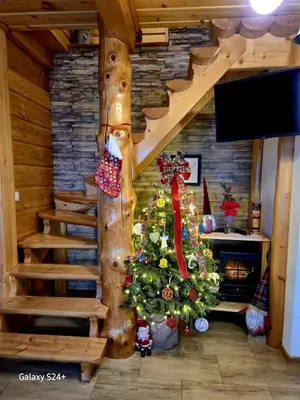 a christmas tree in a room with a fireplace at Domek pod Babią Górą in Zawoja