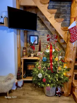 a christmas tree in a living room with a fireplace at Domek pod Babią Górą in Zawoja