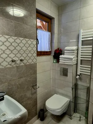 a bathroom with a toilet and a sink at Domek pod Babią Górą in Zawoja