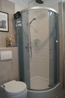 a bathroom with a shower and a toilet at Apartament Ariańska in Kraków