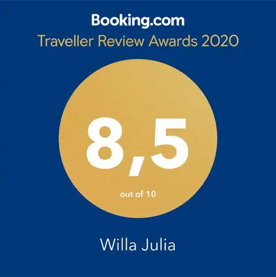 a yellow circle with the number eight and the text travelling review awards at Willa Julia in Kraków