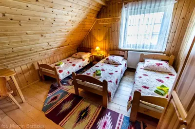 a room with two beds in a log cabin at Agroturystyka Sarenka in Podsarnie