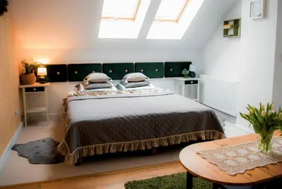 a bedroom with a large bed and a skylight at Zagroda na Pacanach in Iwkowa