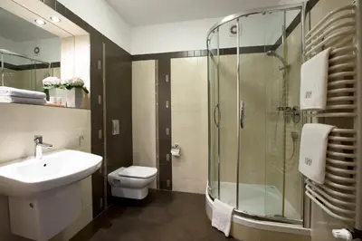 a bathroom with a shower and a toilet and a sink at Benefis Boutique Hotel in Kraków